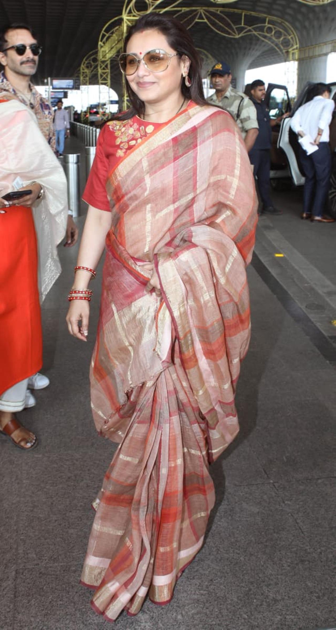 Rani Mukerji was seen looking elegant in a traditional saree as she flew out of the city.